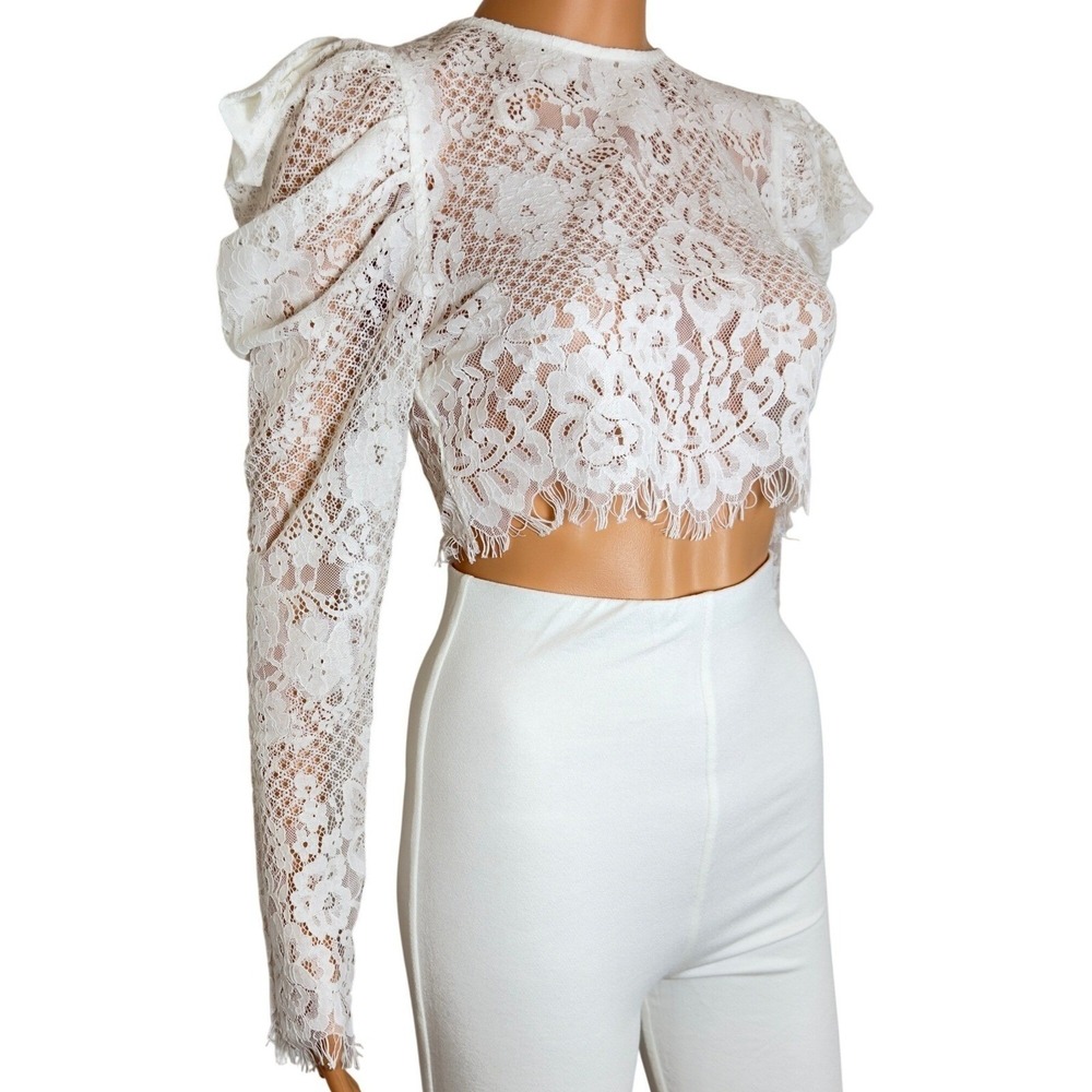 Naked Wardrobe The Statement White Lace Crop Top Puff Sleeve NWSP20-121 Small - Picture 4 of 11